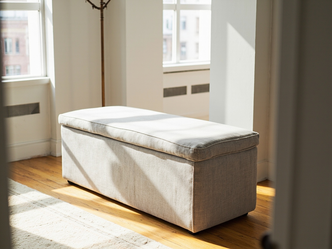 Storage ottoman bench doubling as seating in small living room, multi-functional furniture setup