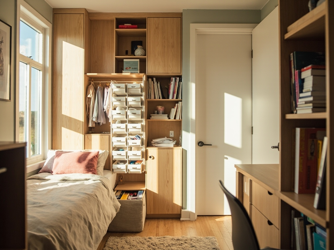College dorm room organized with vertical shelves, over-door organizer, storage ottoman