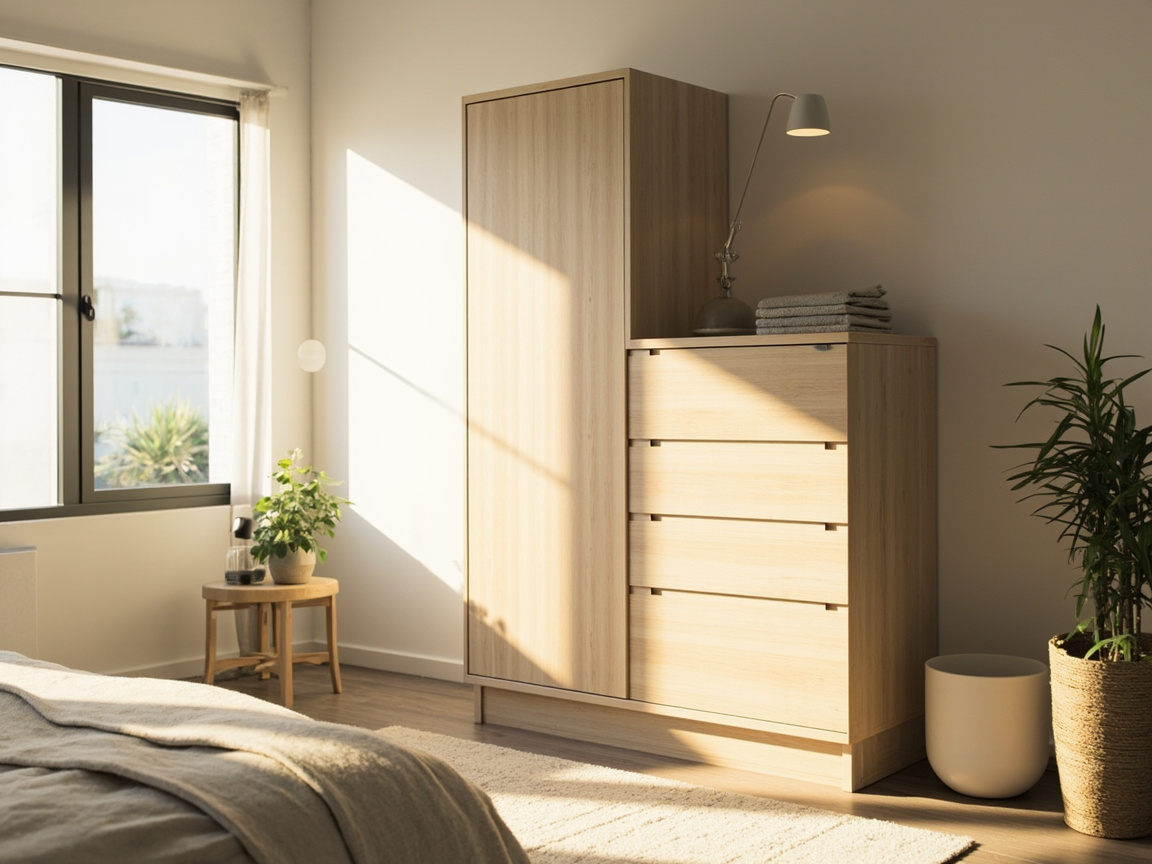 Small bedroom with vertical tall dresser replacing traditional wide dresser