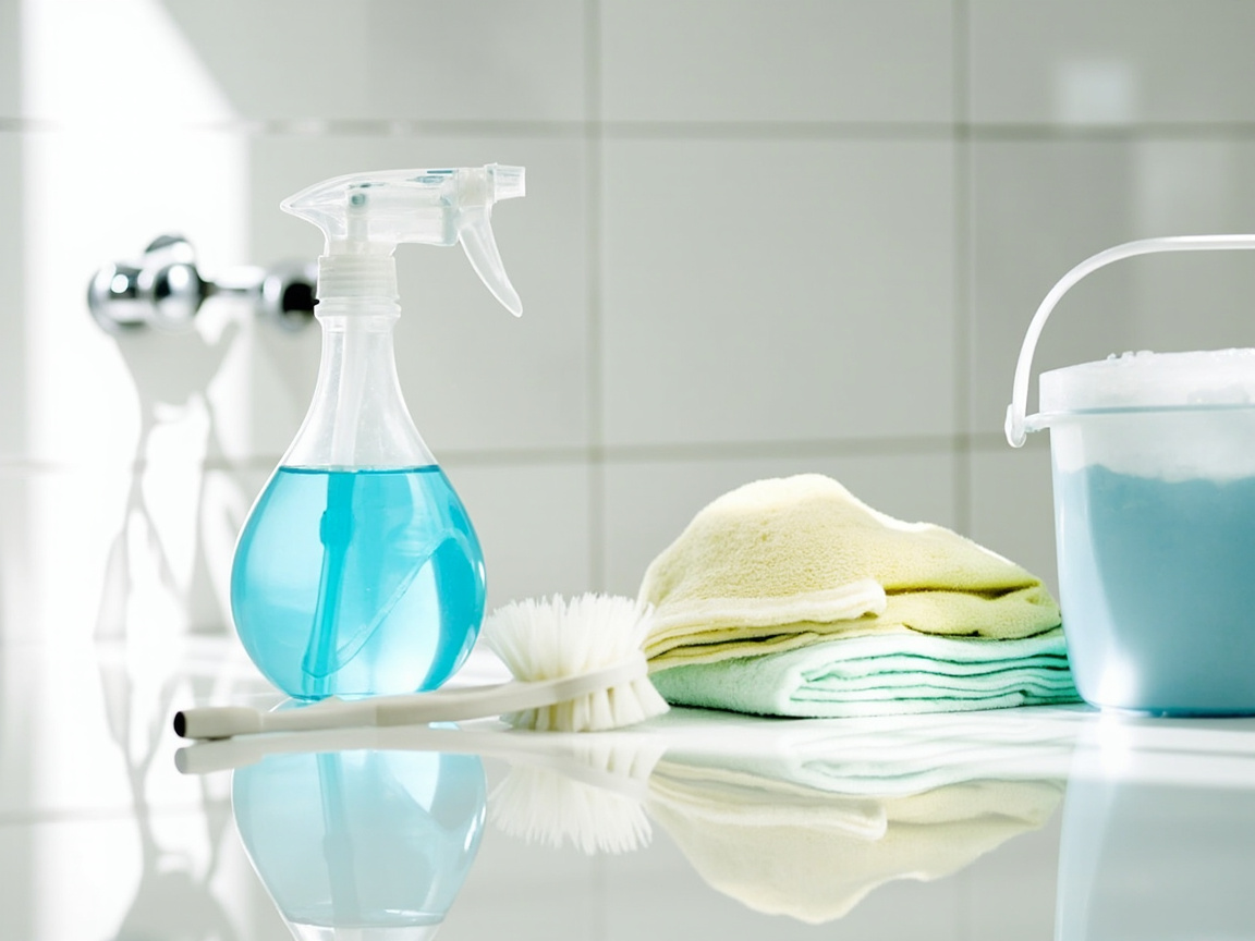 Bathroom zone deep cleaning supplies staged with microfiber cloths and all-purpose spray