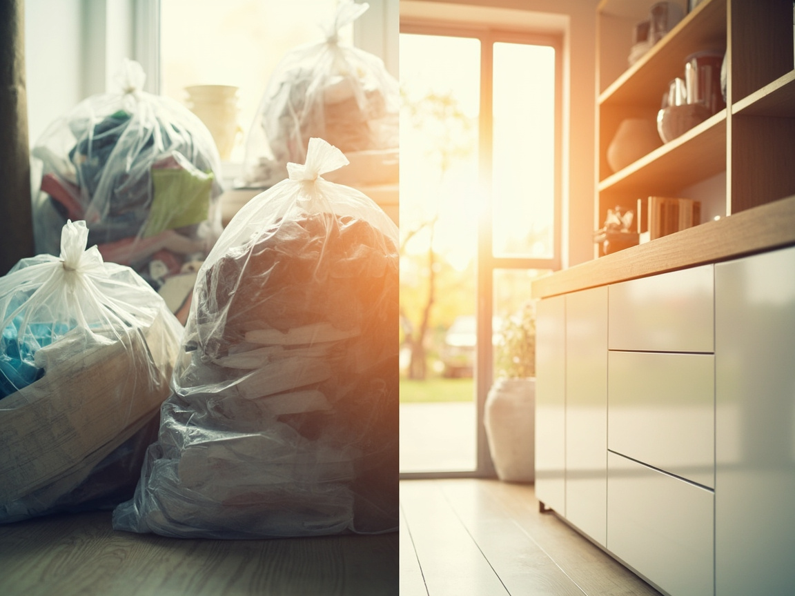 Decluttering first then deep cleaning pattern with items in donate bags ready for cleaning