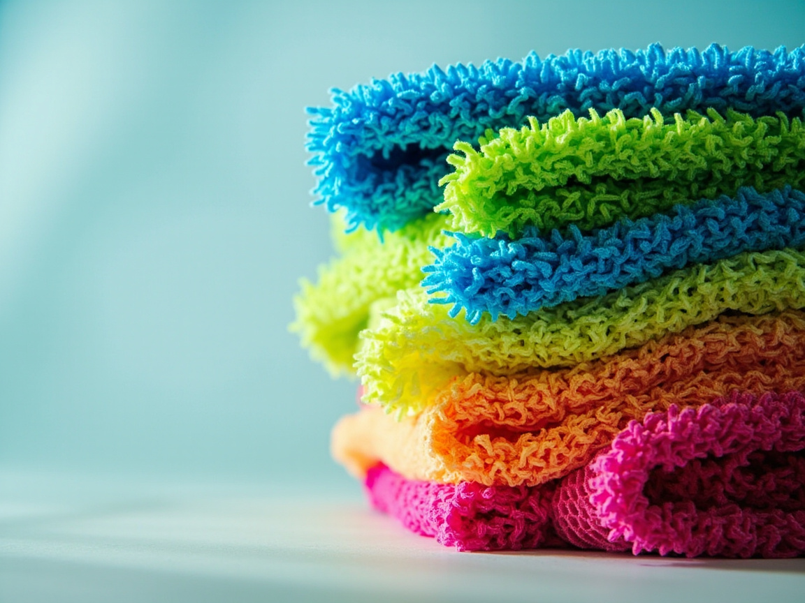 Multiple microfiber cloths in different colors for different zones showing zone-specific cleaning supplies