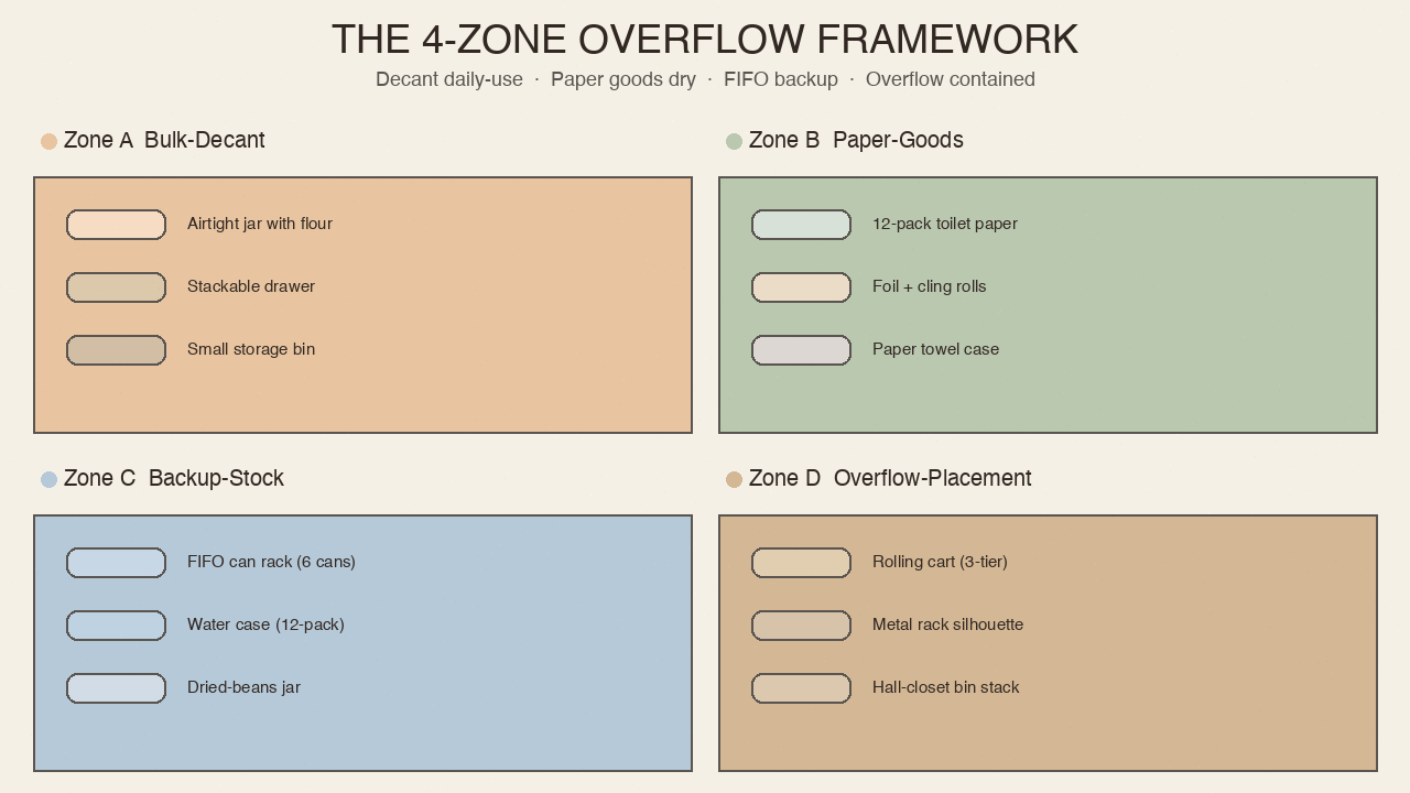 4-quadrant infographic of bulk overflow framework with Bulk-Decant, Paper-Goods, Backup-Stock, and Overflow-Placement zones