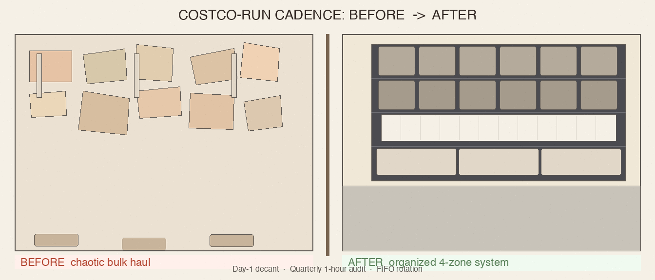 Before-and-after split: chaotic Costco haul on counter beside an organized 4-zone overflow on garage shelving