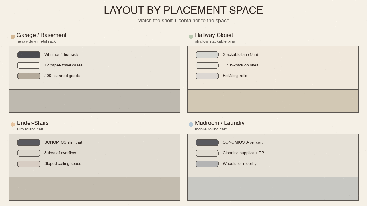 4-quadrant layout: garage rack, hallway stackable bins, under-stairs slim cart, mudroom rolling cart for overflow