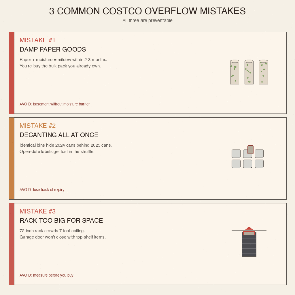 3 common Costco overflow mistakes: mildew paper goods, identical bins hiding expiry, rack too tall for ceiling