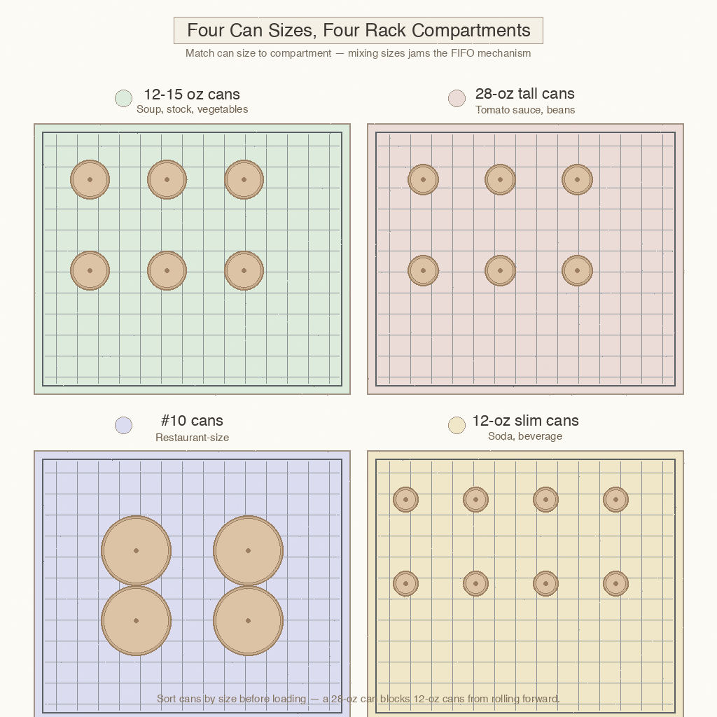 Grid of four can types: 12-oz soup, 28-oz tomato sauce, #10 restaurant-size, 12-oz soda, each in its own rack compartment