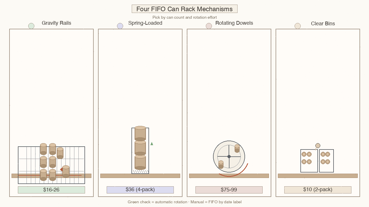 Four FIFO can rack mechanisms side-by-side: gravity rails, spring-loaded dispensers, rotating dowels, and clear bins