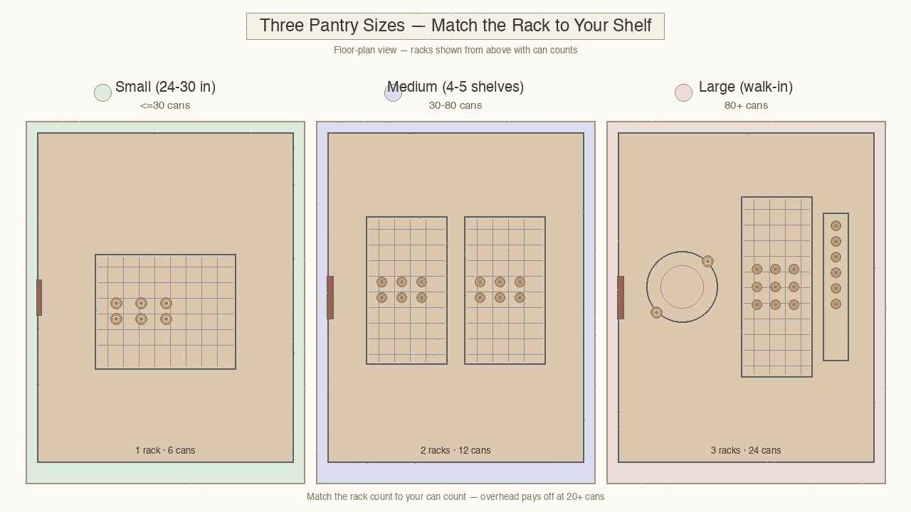 Three pantry layouts: small cabinet, medium shelves, and large walk-in pantry, each with a different can rack setup