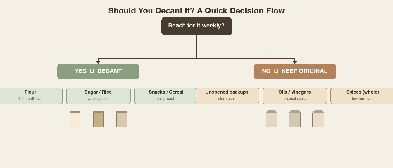 Decision flow showing when to decant weekly staples versus keep original packaging for backups and oils