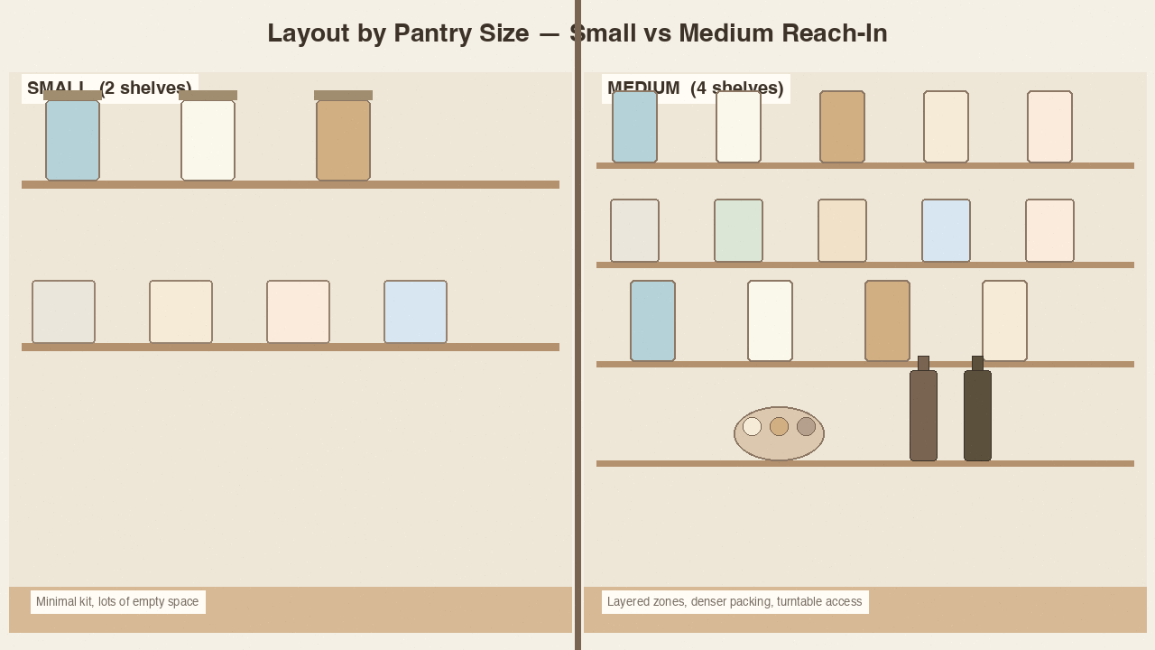 Split view comparing small 2-shelf reach-in pantry on the left and medium 4-shelf layered pantry on the right