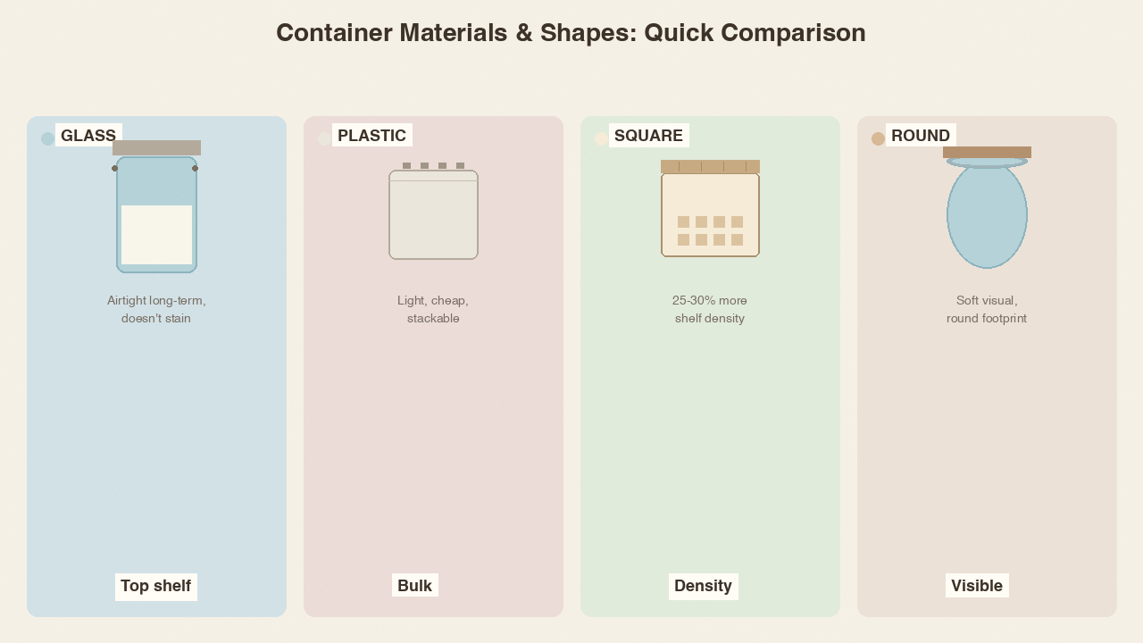 Side-by-side infographic comparing glass vs plastic and square vs round pantry containers