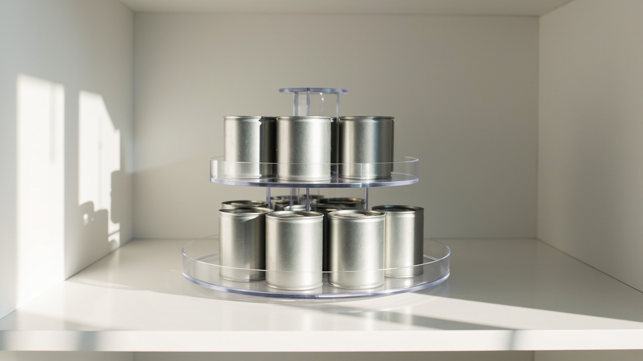 Two-tier clear lazy susan turntable holding canned goods in a pantry, upper tier rotated slightly forward