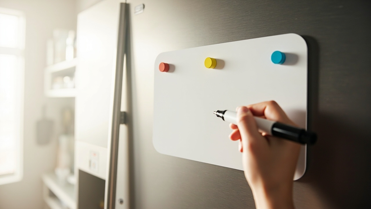 Refrigerator door with a small magnetic dry-erase board attached showing a running weekly shopping list