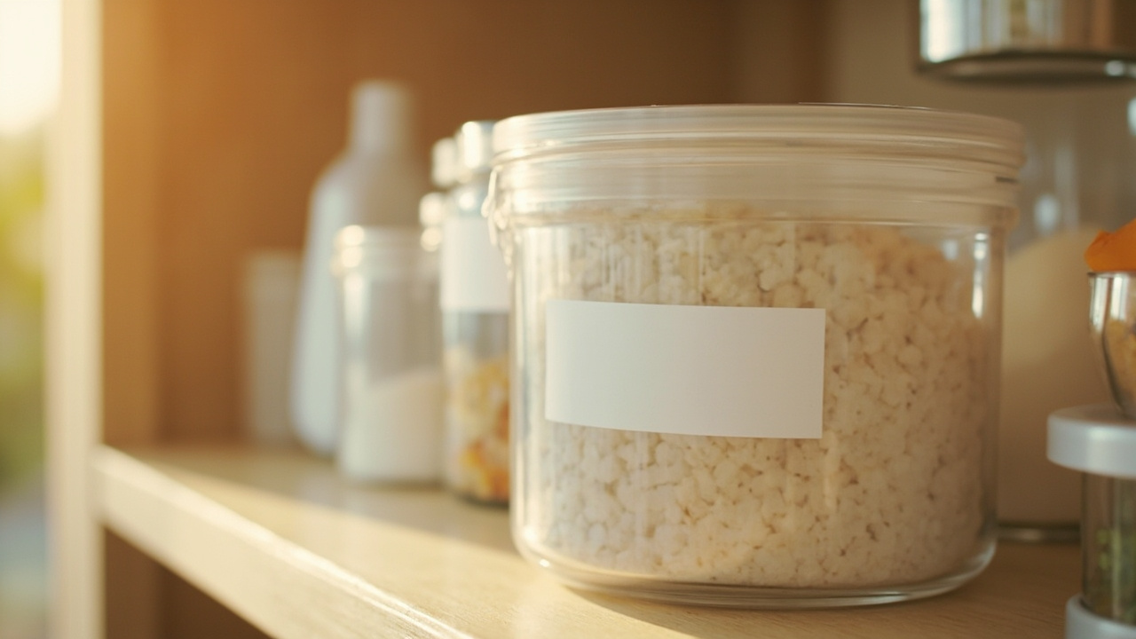 Close-up of a pantry storage container with a small printed open-date label stuck on the lid