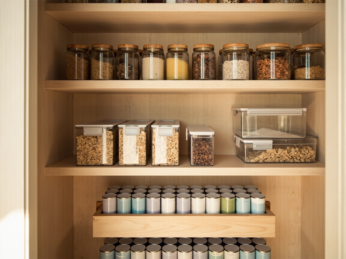 5-zone pantry overview with spices, baking, snacks, cereal, and canned goods on distinct shelves