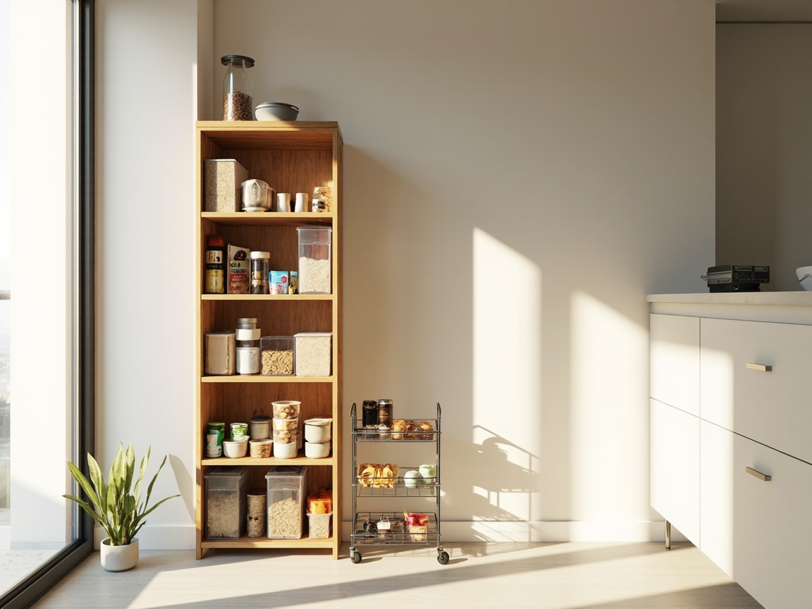 Rental apartment no-pantry setup using freestanding bookshelf and rolling cart against bare wall