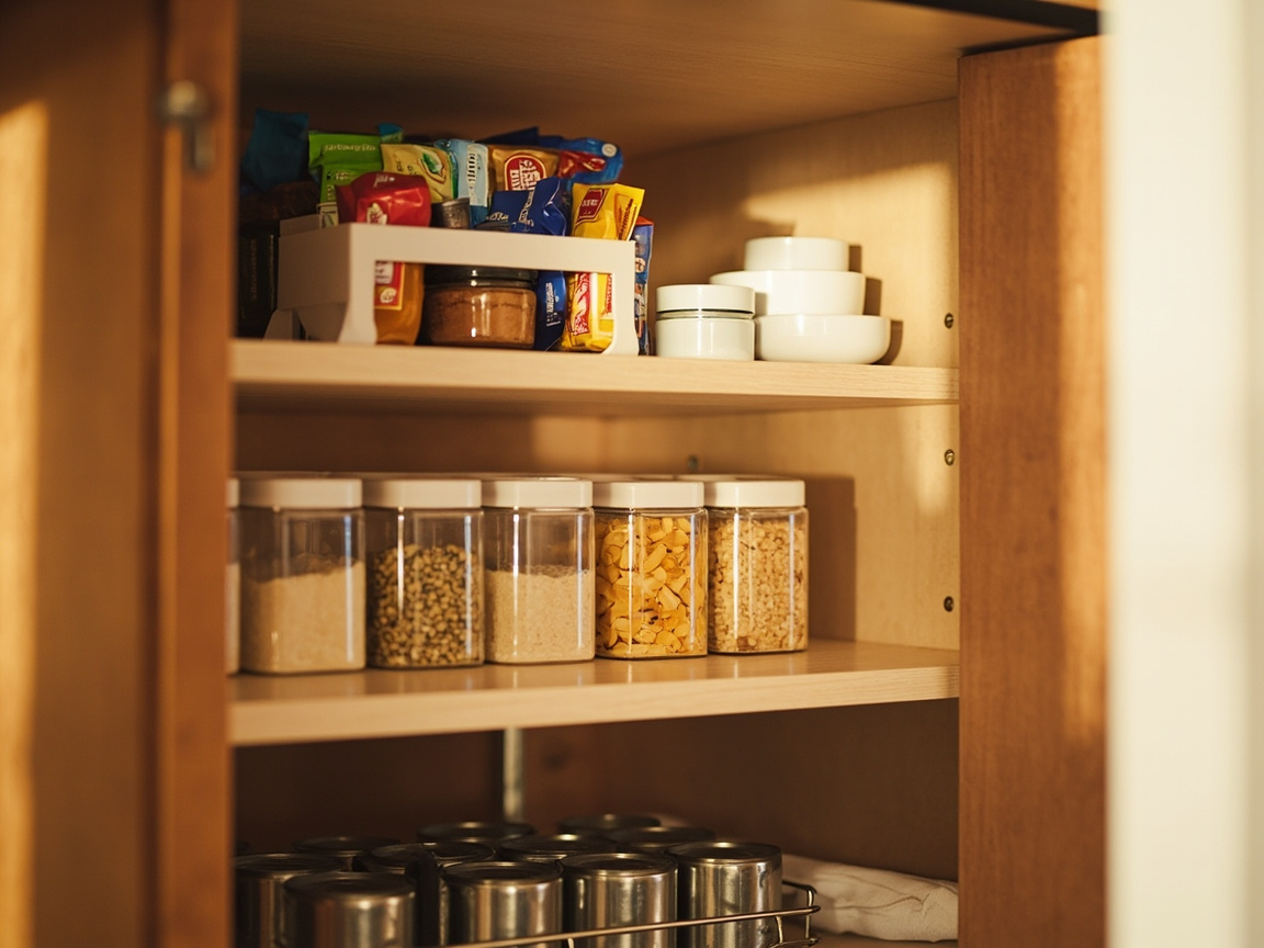 Cabinet-only pantry conversion with top spices, middle baking, bottom cans, and over-door rack
