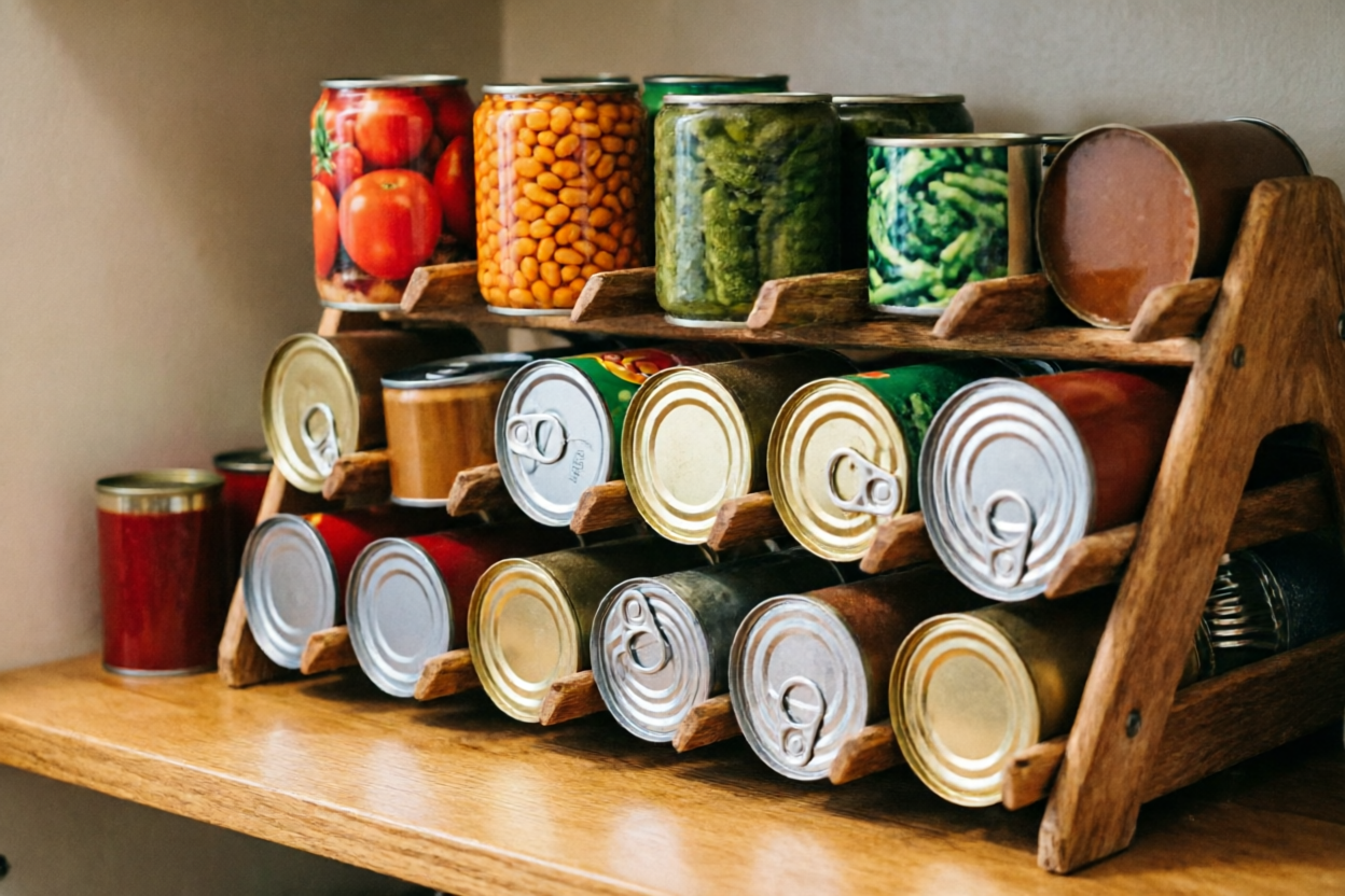 Pantry Zone 2: tiered FIFO can rack on bottom shelf with oldest cans in front row