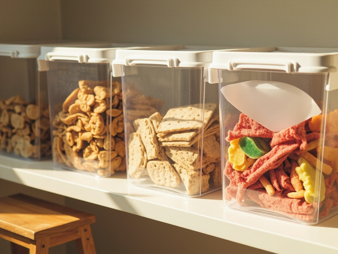 Pantry Zone 3: clear snack bins with handles at kid height with step stool beside