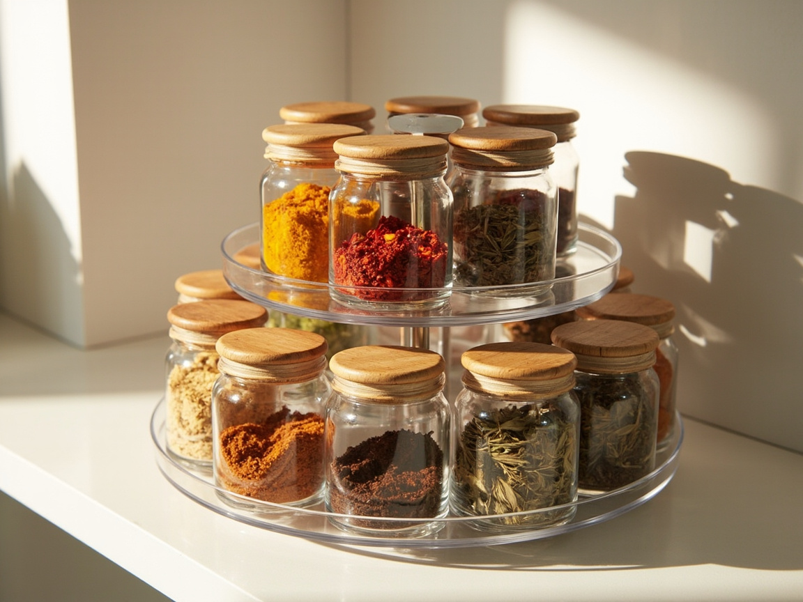 Pantry Zone 5: rotating lazy susan with glass spice jars with bamboo lids