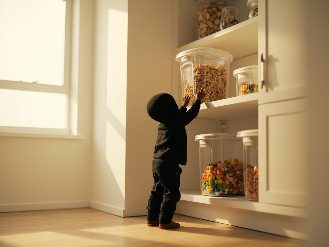 Child silhouette reaching up to a 20-inch pantry bin with handle, showing kid-reachable height