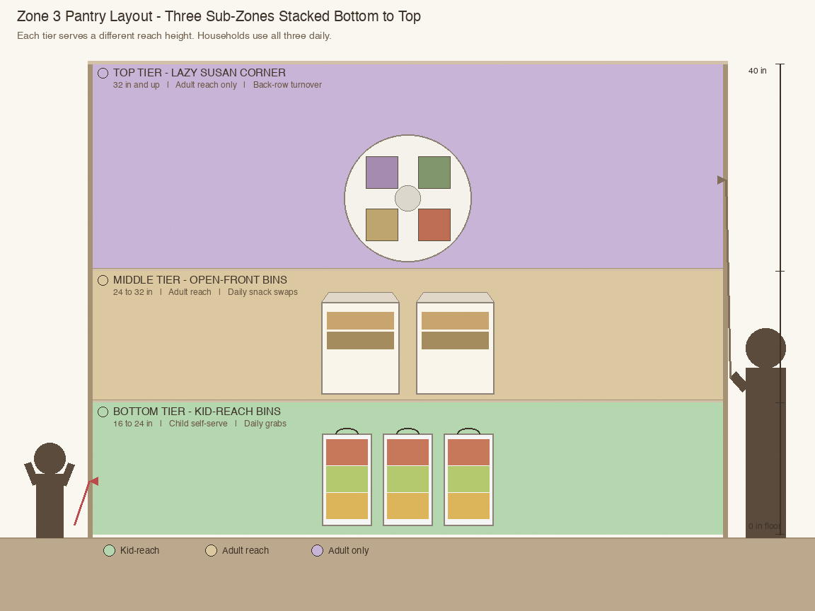 Vertical pantry diagram showing three Zone 3 sub-zones: kid-reach bins, open-front organizers, lazy susan