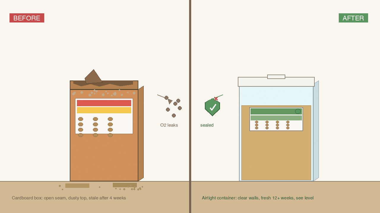 Side-by-side comparison of an open torn cereal box on the left vs same cereal in airtight container on right