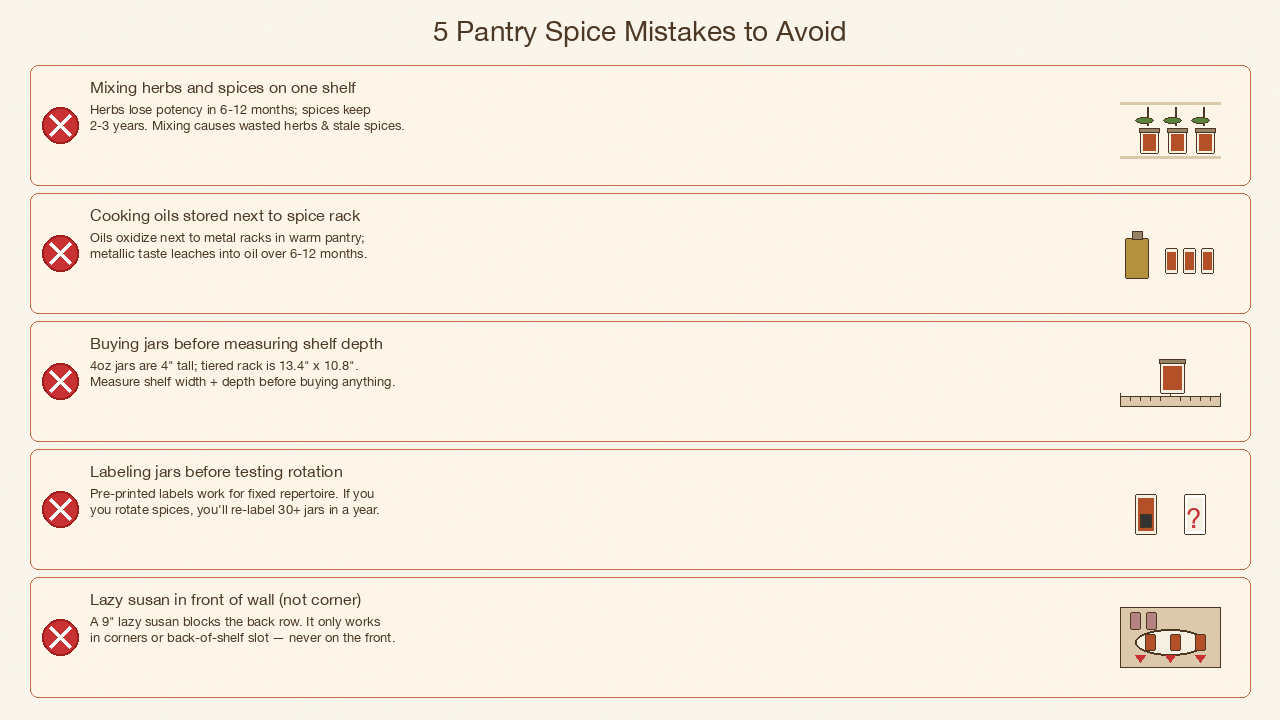 5-panel infographic of pantry spice mistakes with red X marks