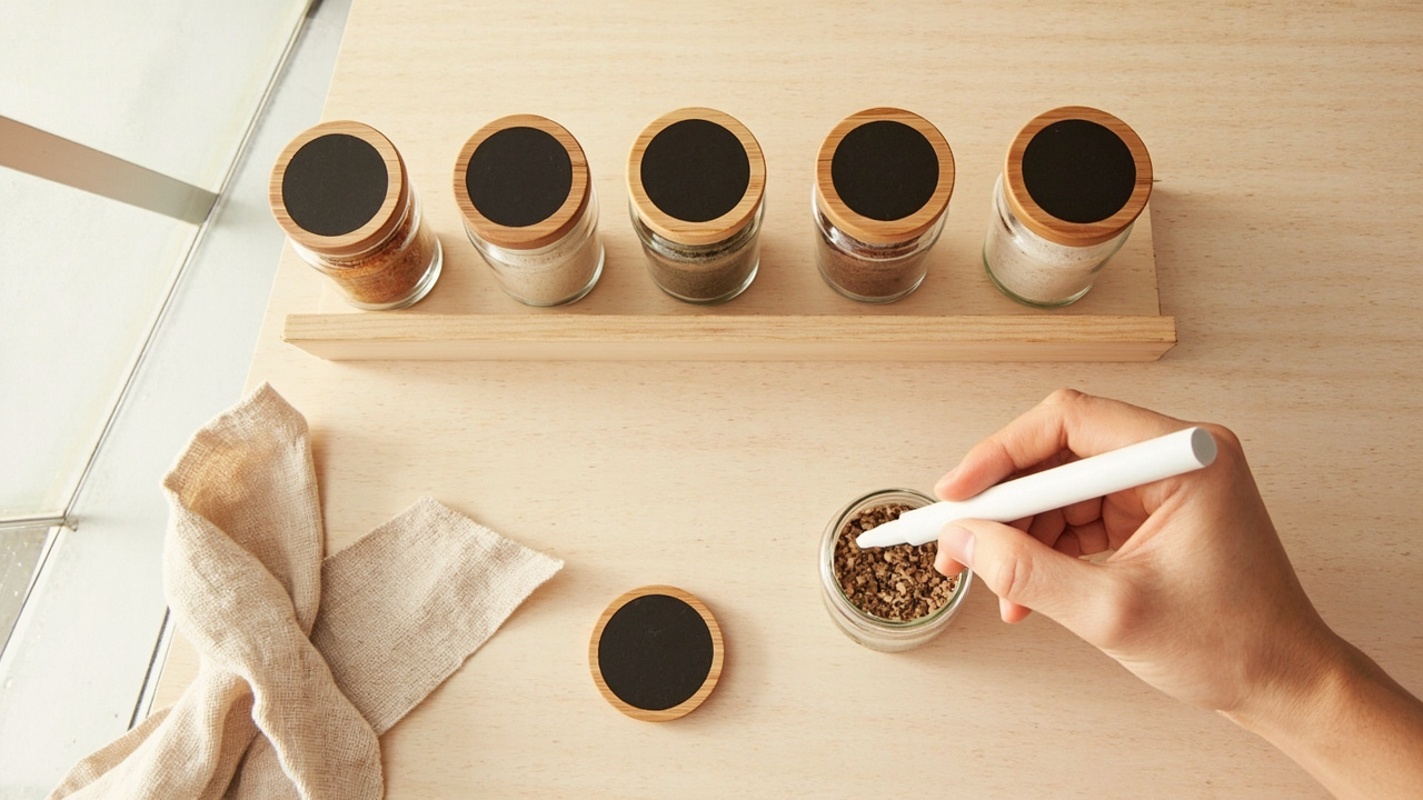 Top-down view: hand writing open date on a chalkboard label on a glass spice jar with a folded linen cloth beside