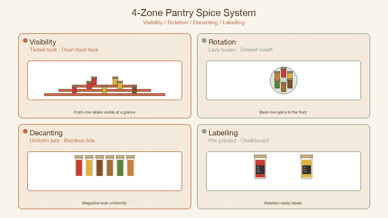 Flat 2D infographic: 4-zone pantry spice system with Visibility, Rotation, Decanting, and Labelling quadrants