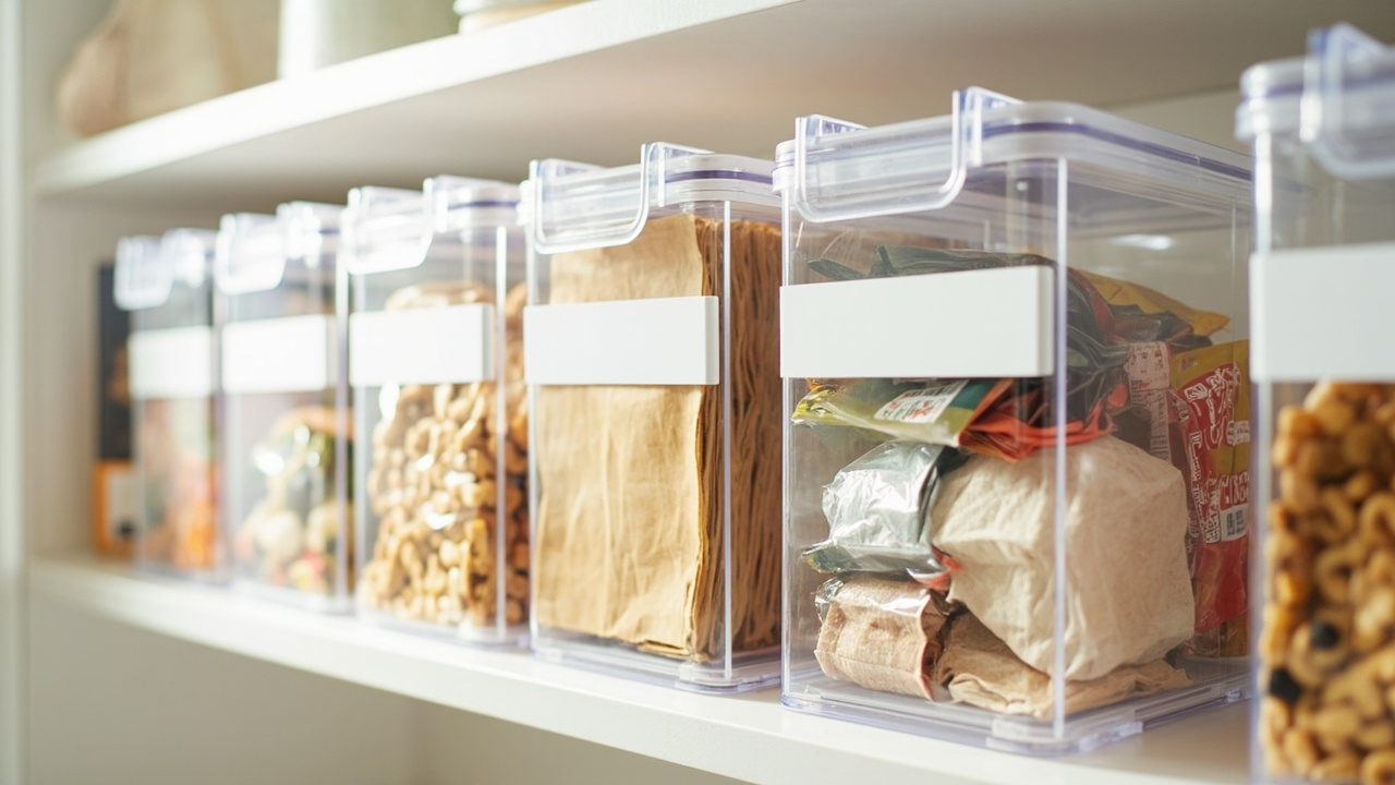 Clear handled pantry bins in a row with snack packets visible inside