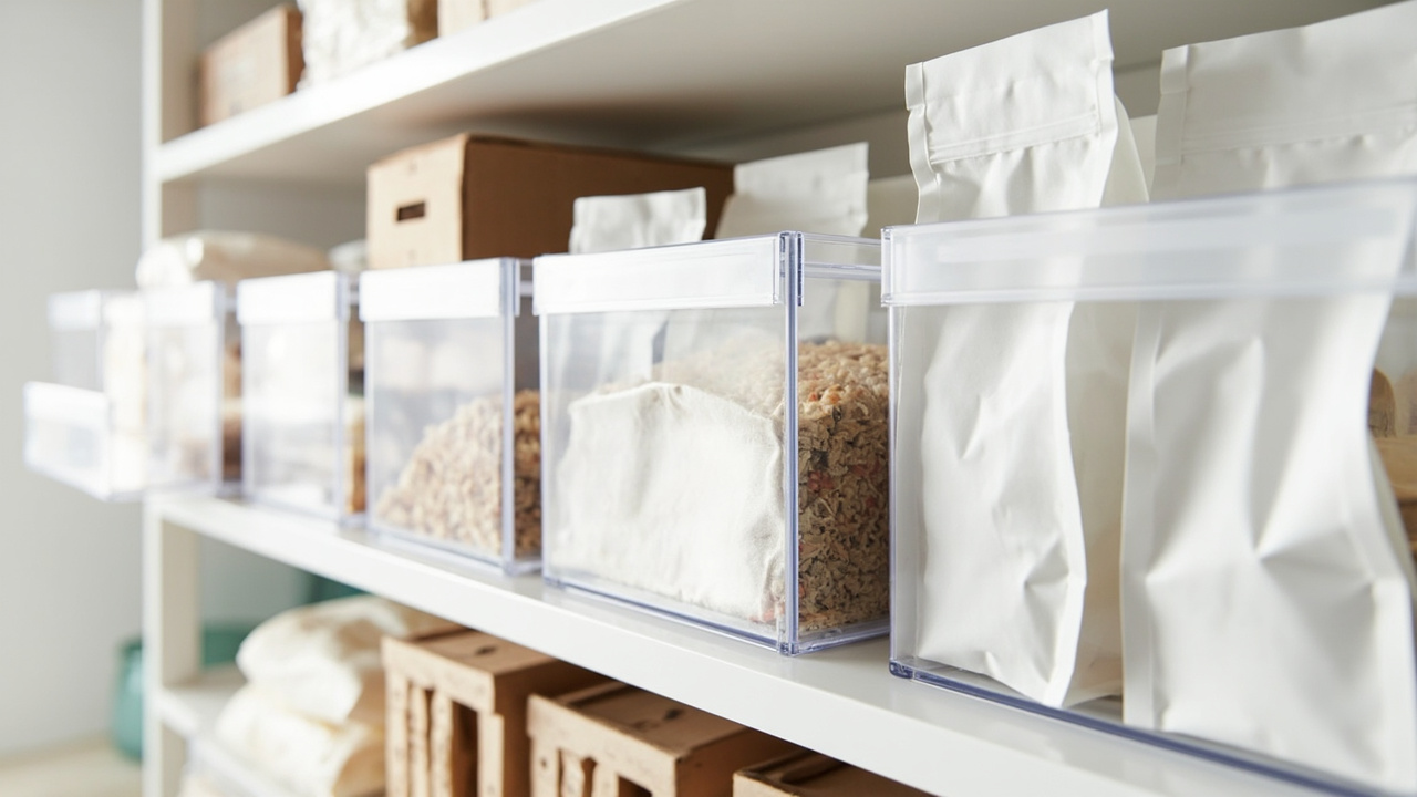 Deep pantry shelf with long clear bins pulled forward like drawers