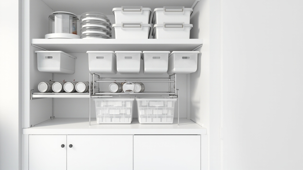 Three pantry depth bands with matching bins, jars, racks, and turntables