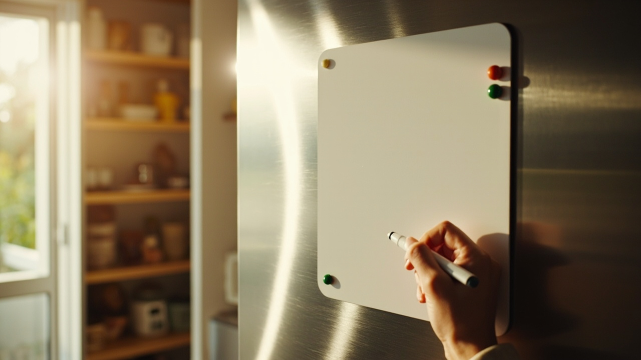 Refrigerator door with a magnetic dry-erase sheet attached for zone inventory