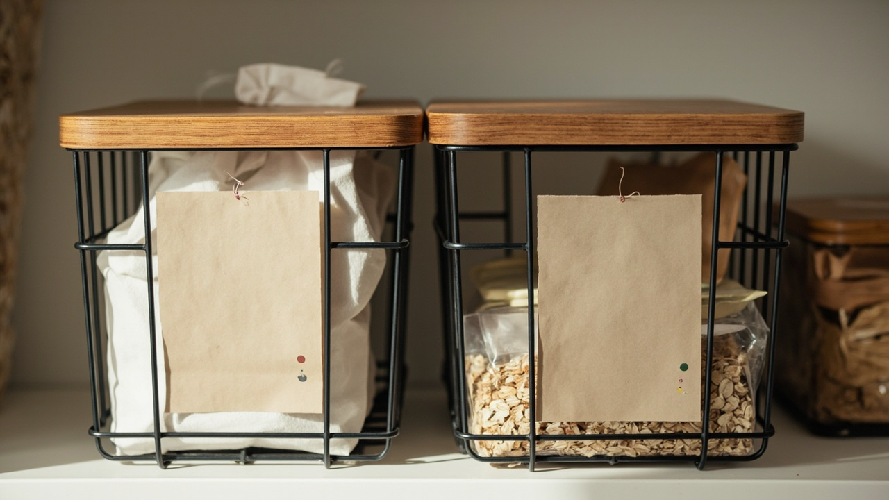 Zone 1 baking shelf with bamboo-top stackable wire baskets labeled with category names