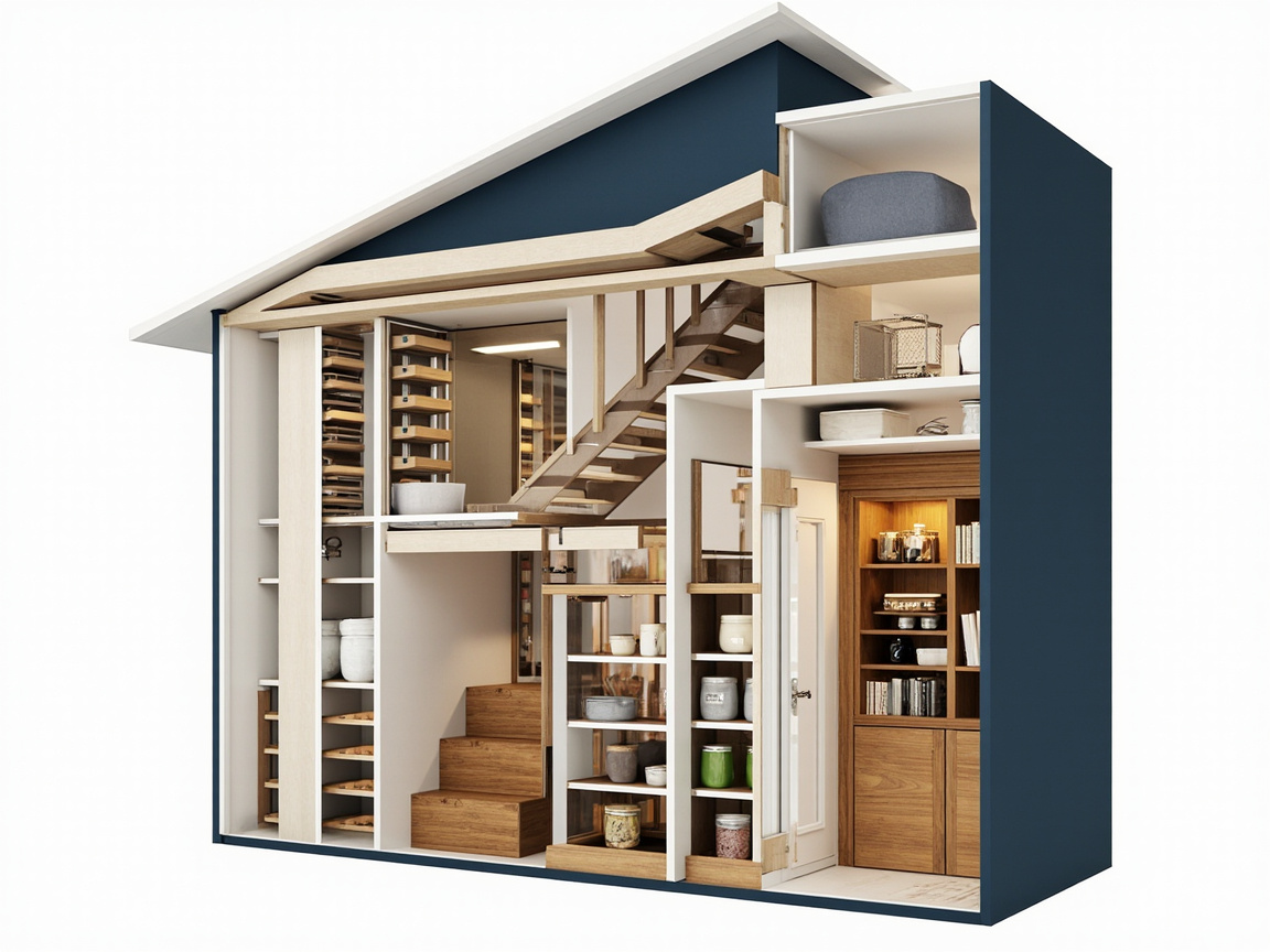 Five-panel guide to narrow, corner, shallow-cabinet, under-stairs, and no-pantry layouts