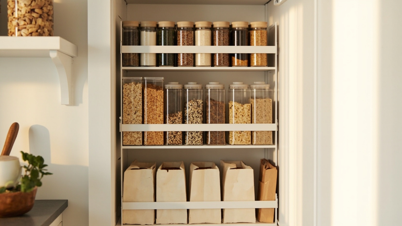 Narrow over-door pantry rack holding jars and small boxes on a pantry door