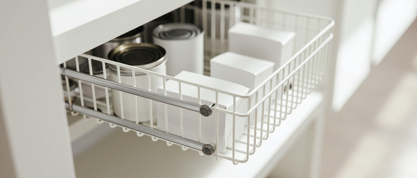 Pull-out wire basket revealing cans and boxes hidden at the back of a deep pantry shelf