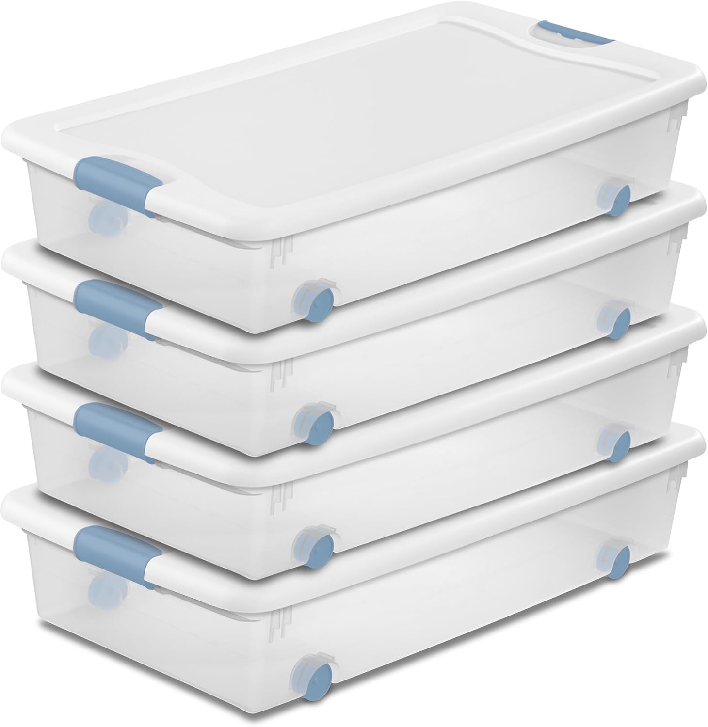 Sterilite 4-Pack 56 Quart Wheeled Latching Box, Underbed Clear Plastic Storage Organizer