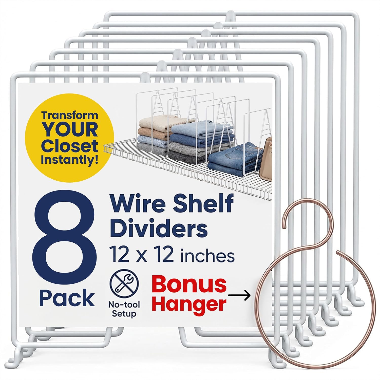 Neatly Made Wire Shelf Dividers (8-Pack, White, 12×12)