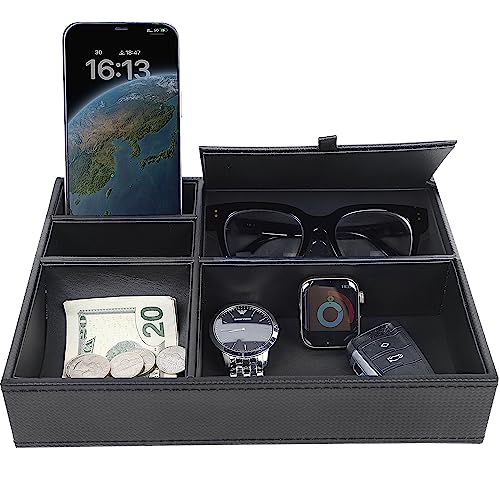 Zcaukya Men's Valet Tray, Jewelry Box Nightstand Organizer with 5 Compartments for Phone Keys Wallet Watch Glasses