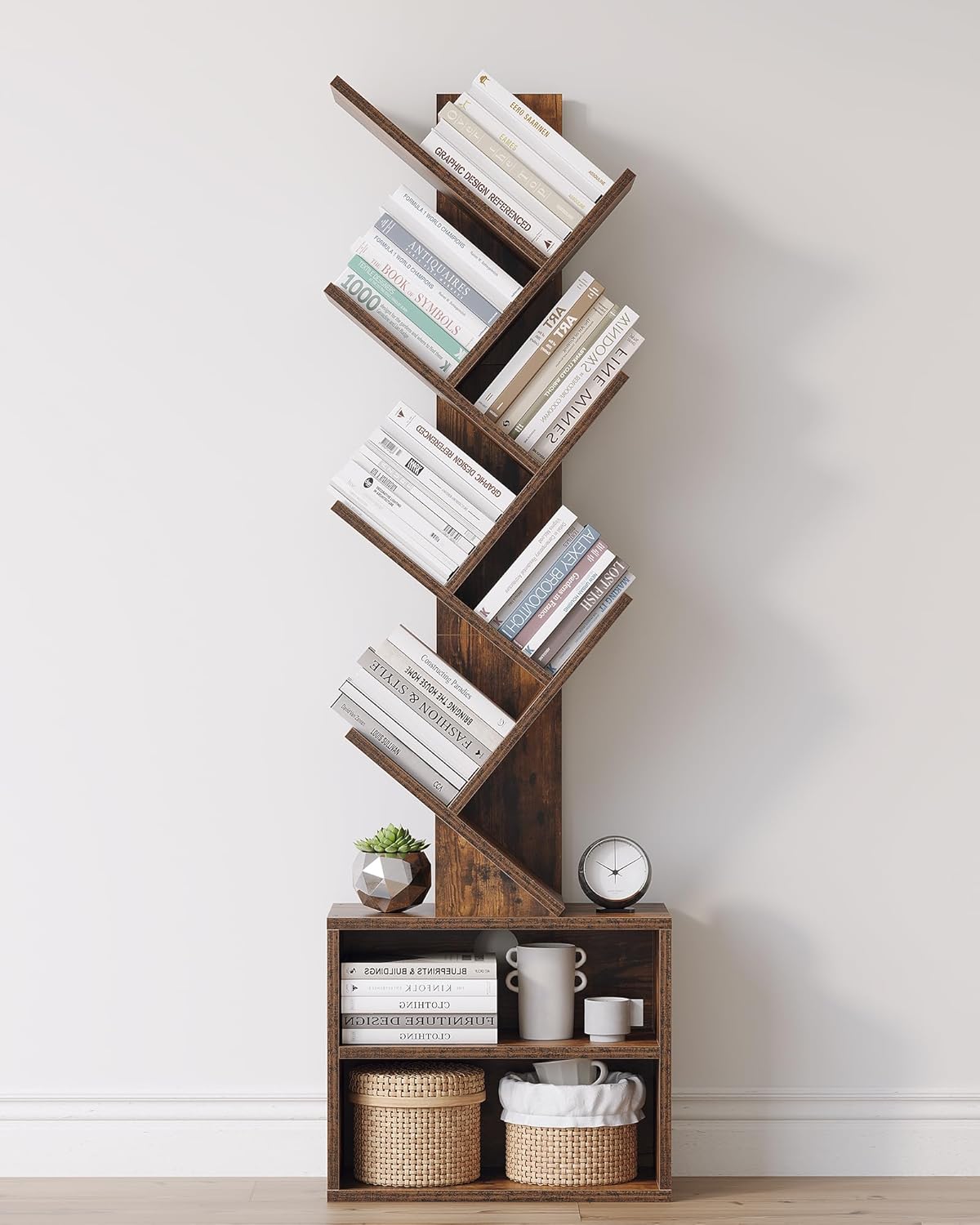 SUNMORY 6-Tier Tree Bookshelf (Narrow, Rustic Brown)