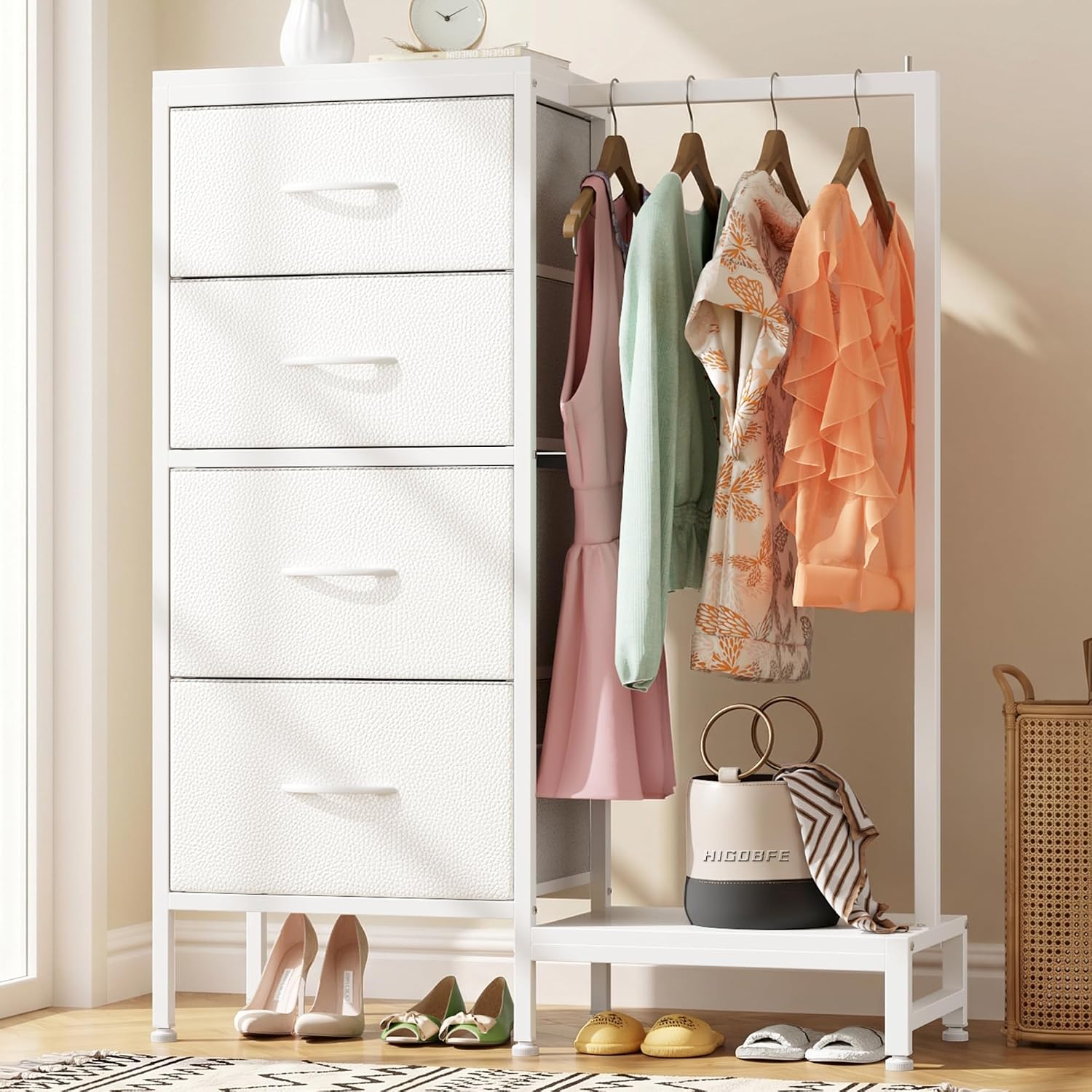HIGDBFE Tall Dresser 44\" H with Hanging Rack (4 Drawers)