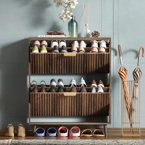 QIVOMIX Shoe Cabinet with 2 Flip Drawers, Walnut