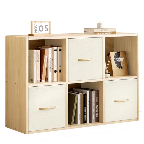 EXPERLAM 6 Cube Storage Organizer - Solid Wood Bookshelf with 3 Storage Bins, Cube Storage Organizer