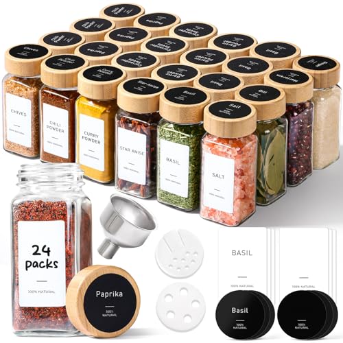 ComSaf Spice Jars Set (24 Glass Containers with Bamboo Lids)