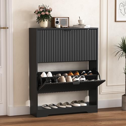 HUANLEGO Slim Shoe Cabinet with 2 Flip Drawers