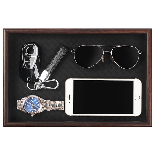 Zosenley Wooden Valet Tray with Leather Base - Nightstand Catchall Organizer for Cologne, Perfume, Keys, Wallet, Phone, Watch, Jewelry & Sunglasses