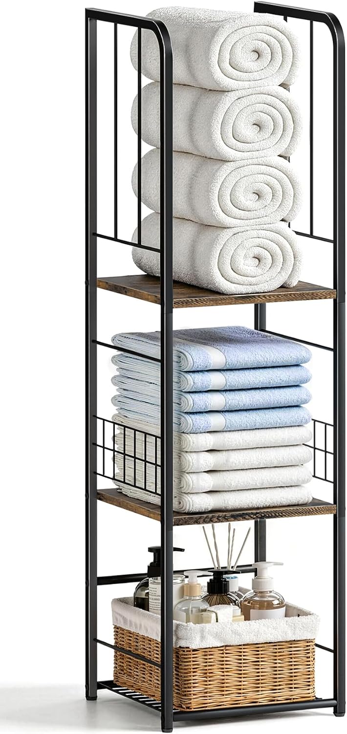 KIMBORA Narrow 3-Tier Towel Rack (Brown, Free Standing)